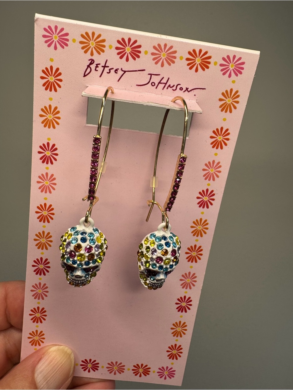 NWT Betsey Johnson Multicolor Crystal Skull Dangle Earrings
